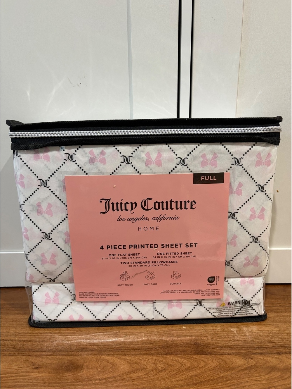 Juicy Couture Full 4-Piece Sheet Set – Pink Bows & JC Monogram – New